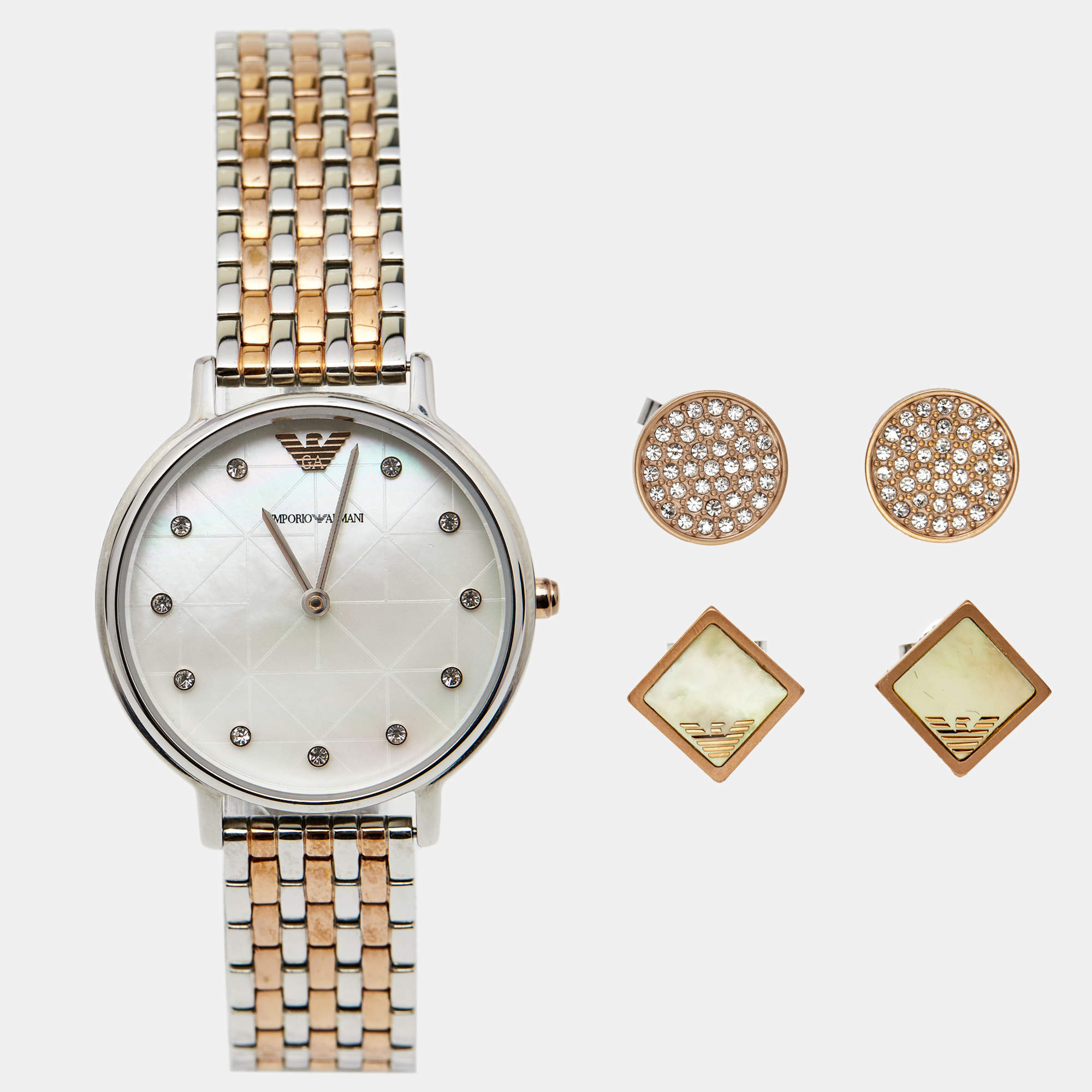 Pre Owned Emporio Armani Mother of Pearl Two Tone Stainless Steel AR80019 Women's Wristwatch 32 mm & Earrings Set