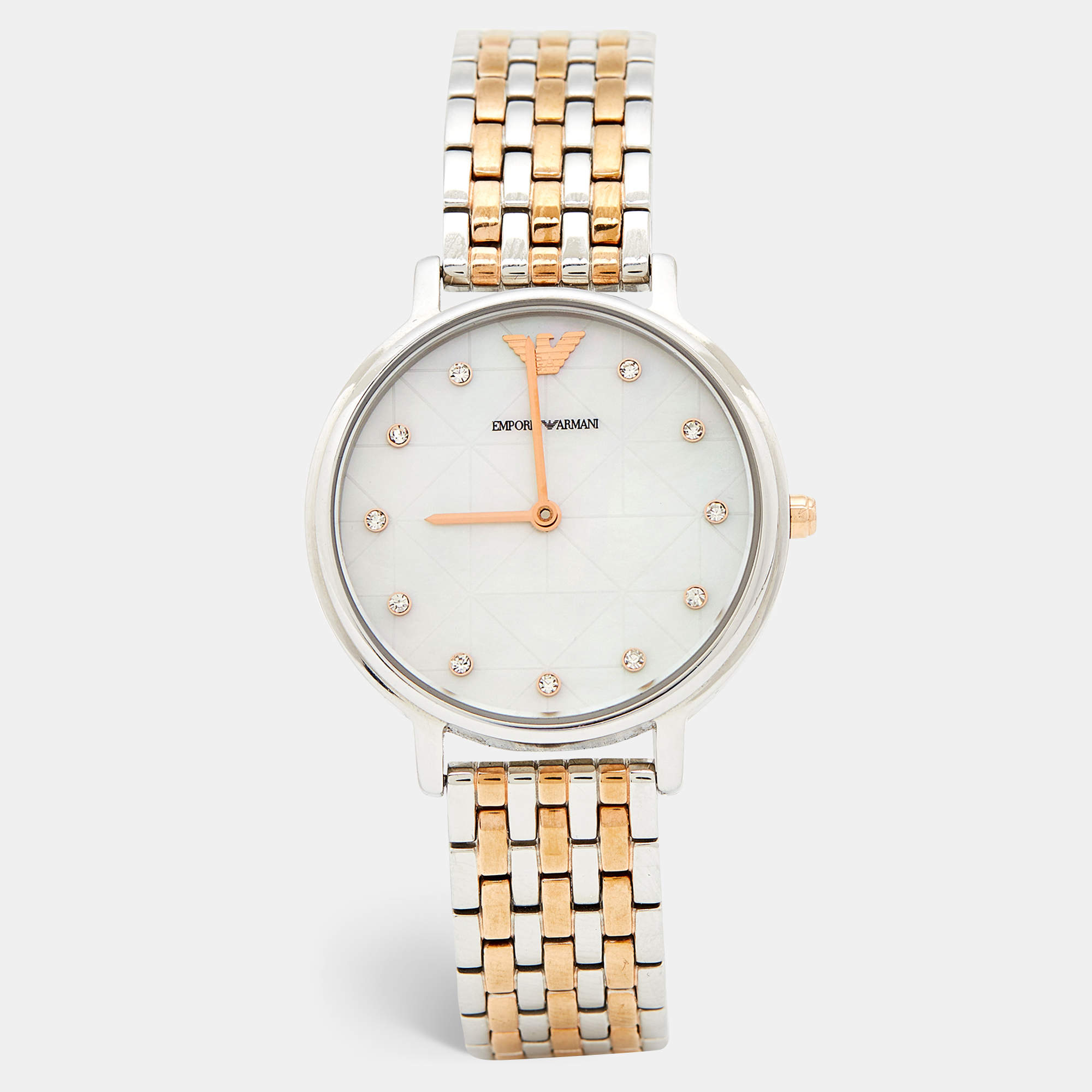 Emporio Armani Mother of Pearl Two Tone Stainless Steel AR80019 Women's Wristwatch 32 mm &  Earrings Set