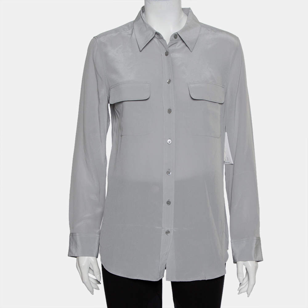 Pre Owned Equipment Femme Grey Silk Patch Pocket Detail Slim Signature Shirt M