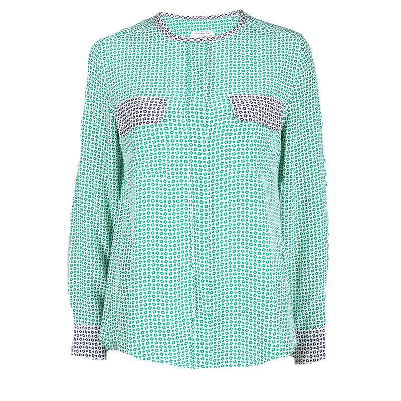 Equipment Green Printed Contrast Trim Detail Long Sleeve Silk Blouse M
