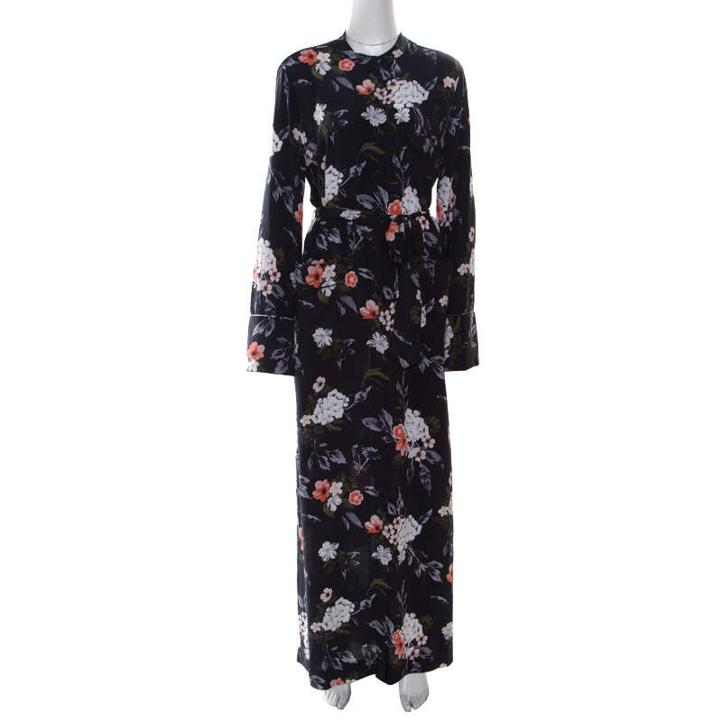 Equipment Britten Navy Blue Floral Printed Silk Belted Maxi Dress L
