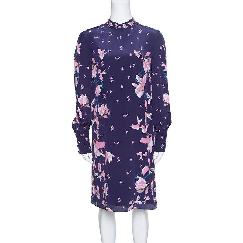 Erdem Navy Blue Kayo Lily Printed Silk Mirela Shift Dress M