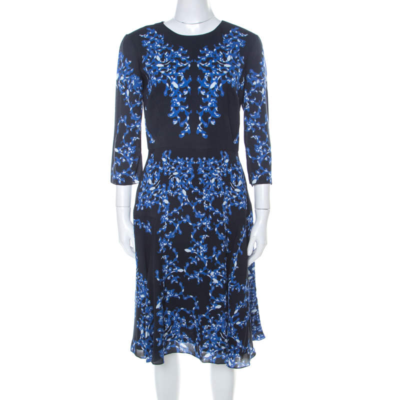 Erdem Navy Blue Lillie Printed Silk Crepe Dress M 