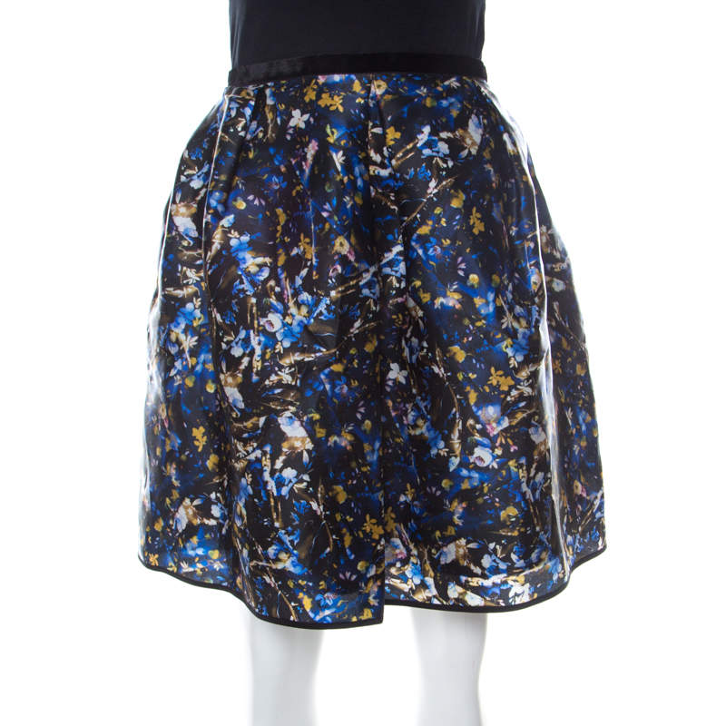 Erdem Blue Floral Print Silk Gazar Levinia Gathered Skirt M