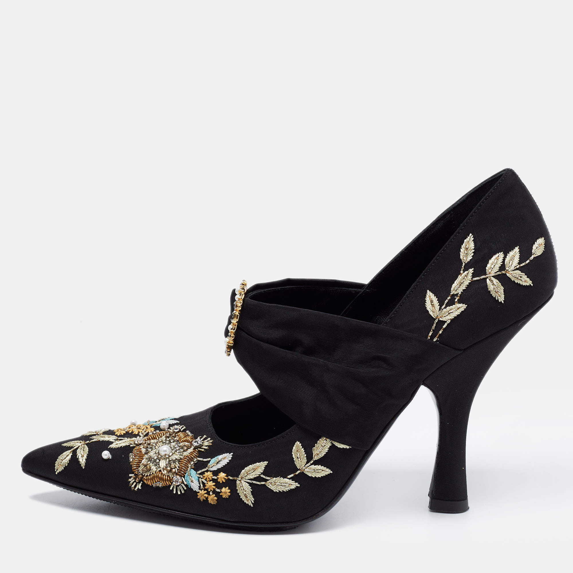 Erdem Black Canvas Embroidered Pumps Size 39