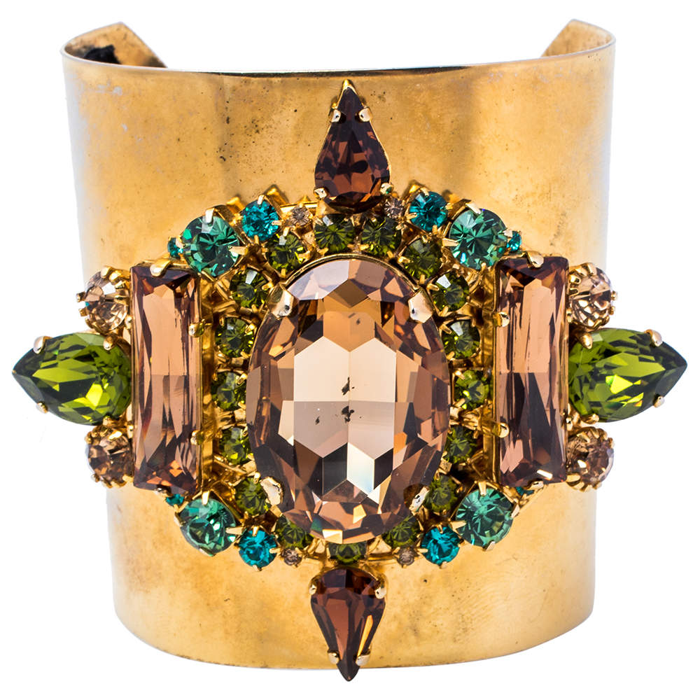 Erickson Beamon Gold Tone Crystal Embellished Open Cuff Bracelet