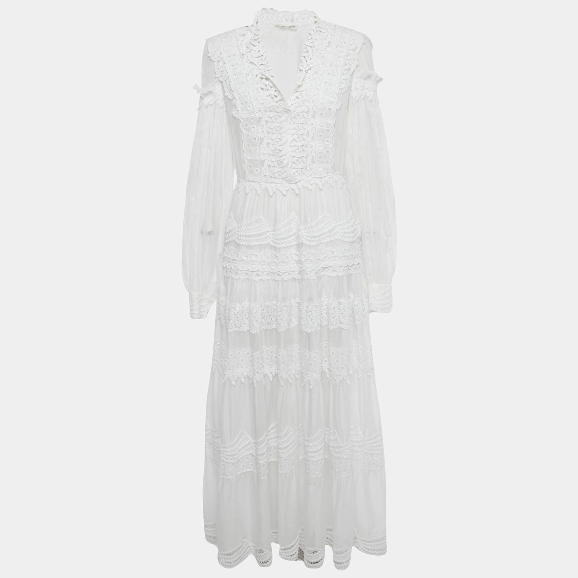 Pre Owned Ermanno Scervino White Lace Detail Cotton Maxi Dress M