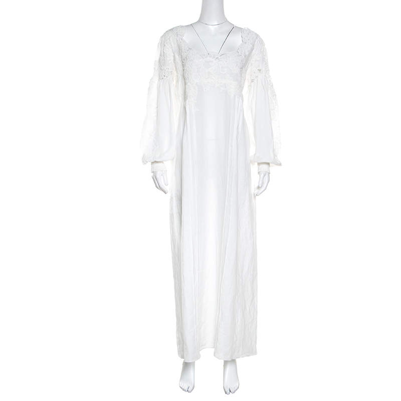 فستان إيرمانو شيرفينو راميه دانتيل مطرز مورد أبيض بأكمام طويلة M