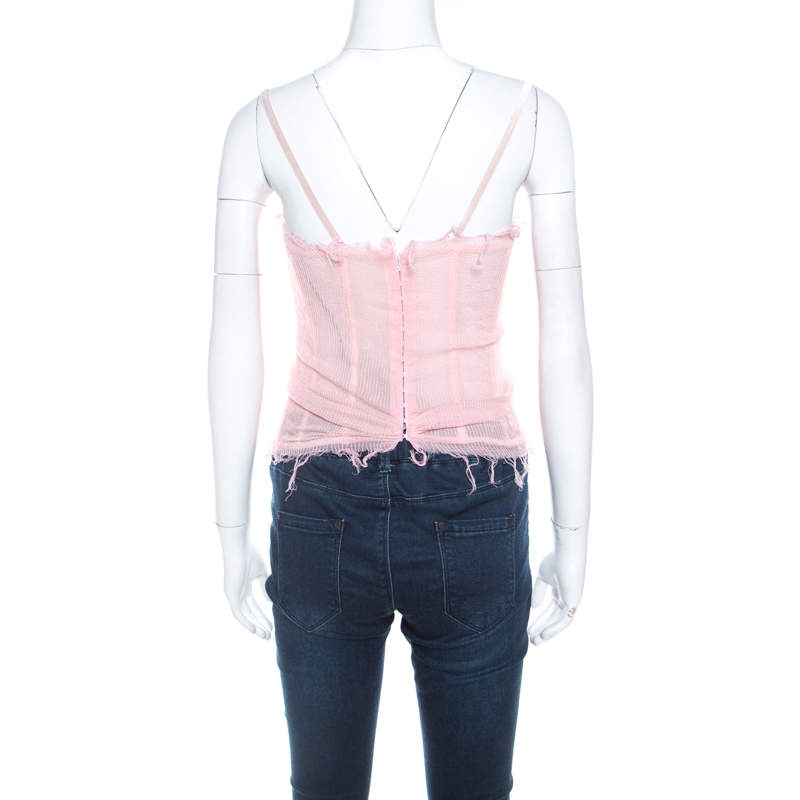 Ermanno Scervino Pink Pleated Silk Frayed Detail Ruffled