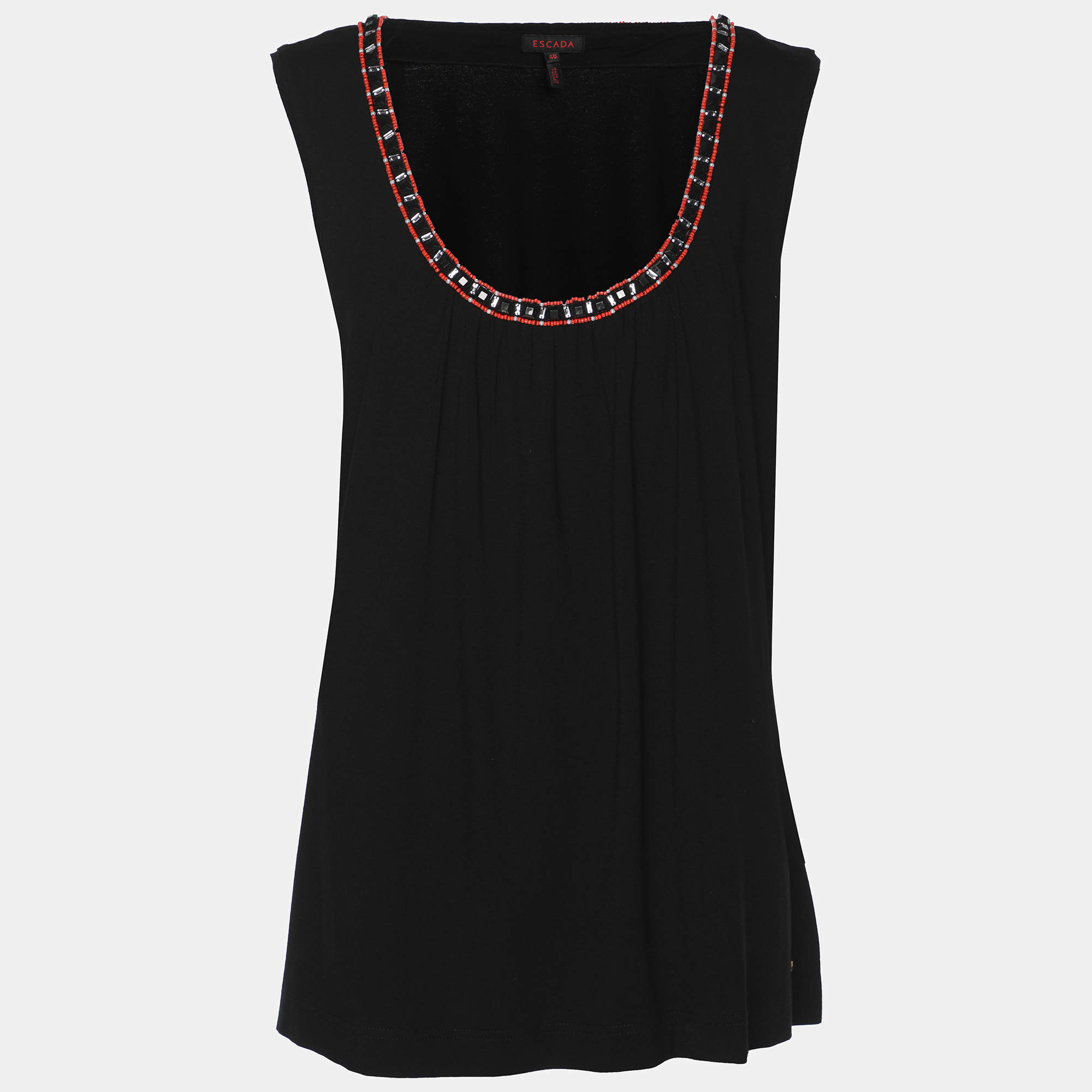 Pre Owned Escada Black Jersey Beads Embellished Sleeveless Tops XL