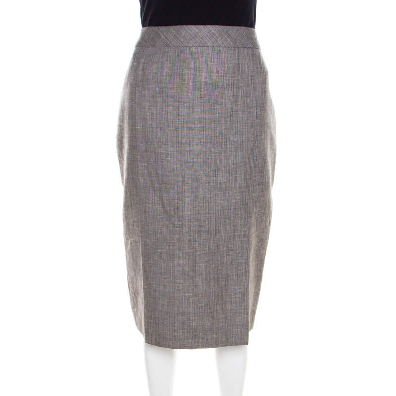 Pre Owned Escada Grey Linen and Wool Front Slit Detail Pencil Skirt L