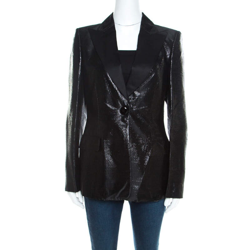 Escada Metallic Black Satin Trim Tailored Blazer L