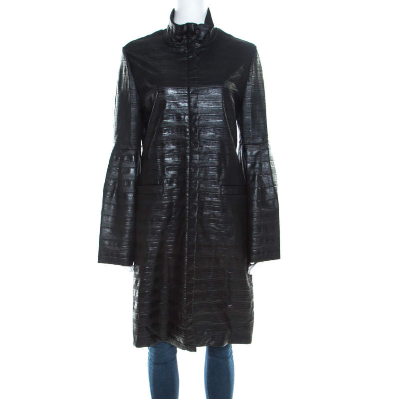 Escada Black Coated Wool Flounce Sleeve Zip Front Long Coat M