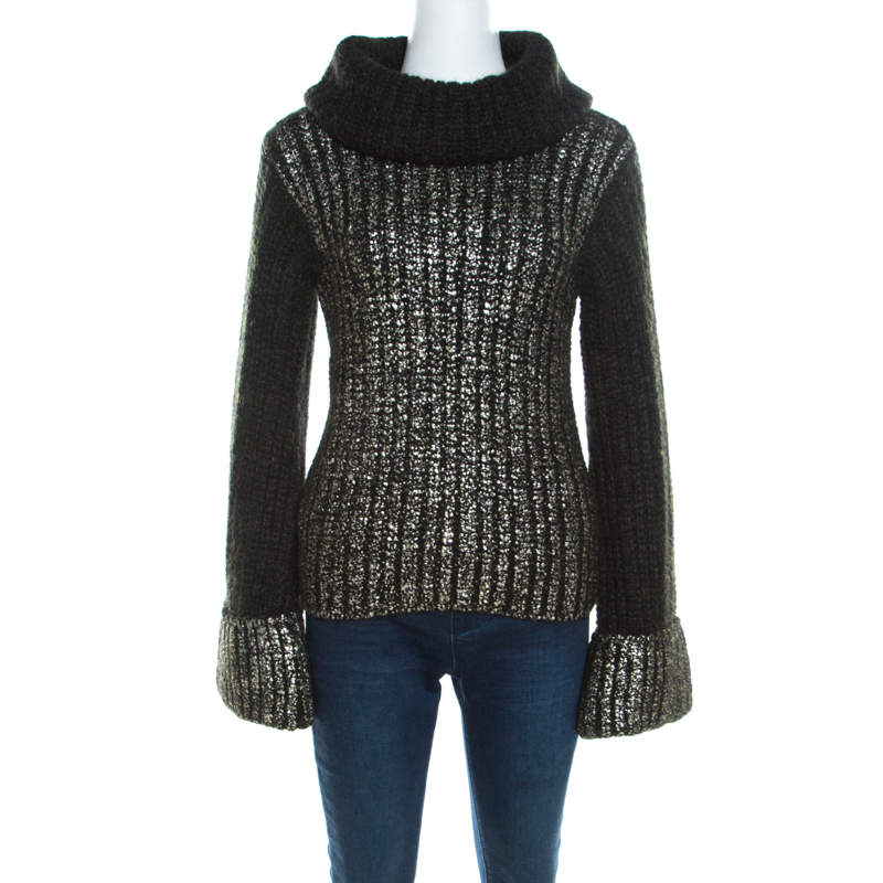 Escada Green Foil Printed Mohair Blend Turtleneck Sweater M