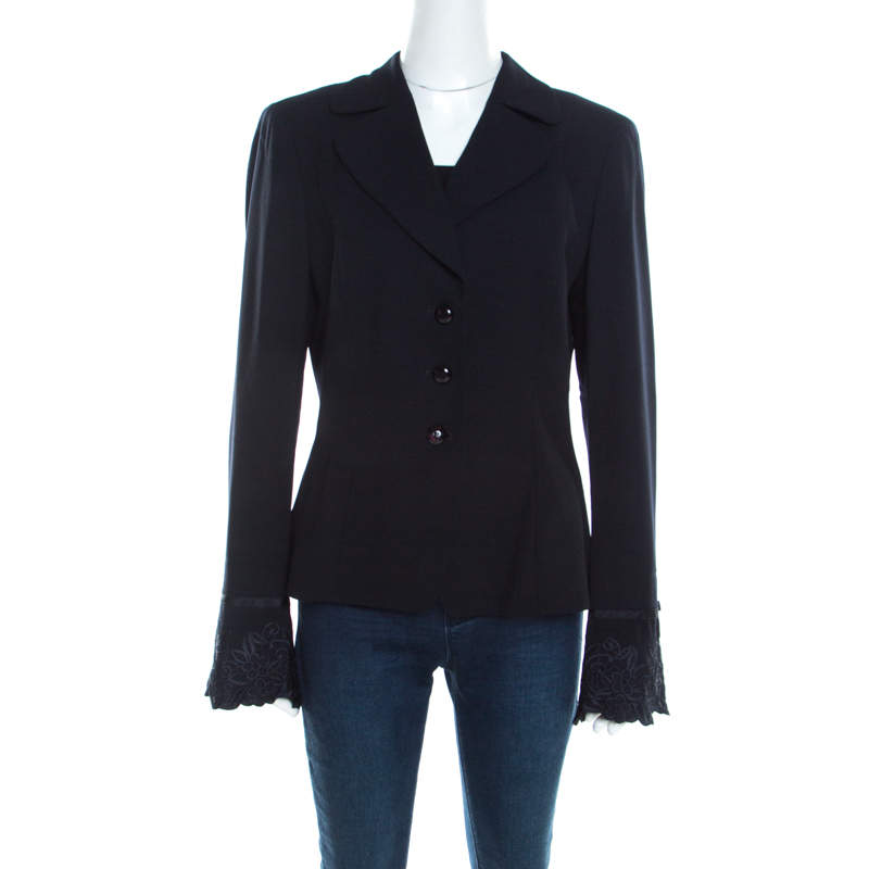 Escada Black Crepe Wool Embroidered Cuff Trim Button Front Blazer L