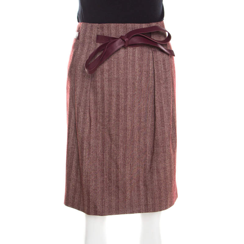 Pre Owned Escada Burgundy Herringbone Wool and Silk Knotted Leather Belt Detail Skirt XL