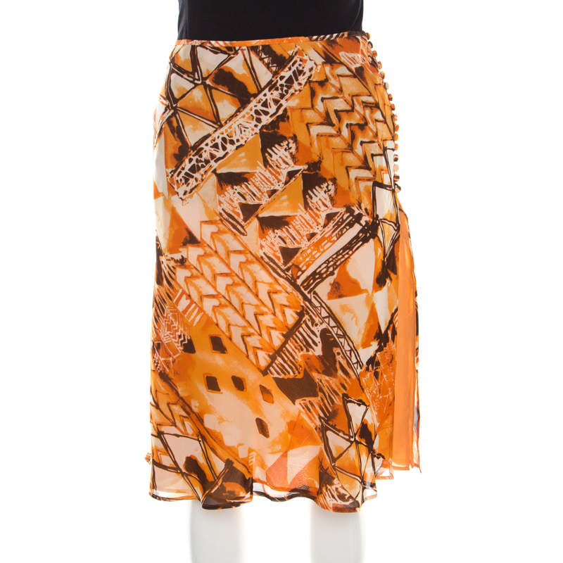 Escada Orange Abstract Print Silk Georgette A Line Skirt L