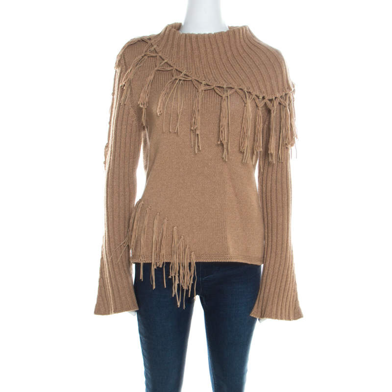 Escada Camel Brown Cashmere Wool Roll Neck Fringed Pullover M