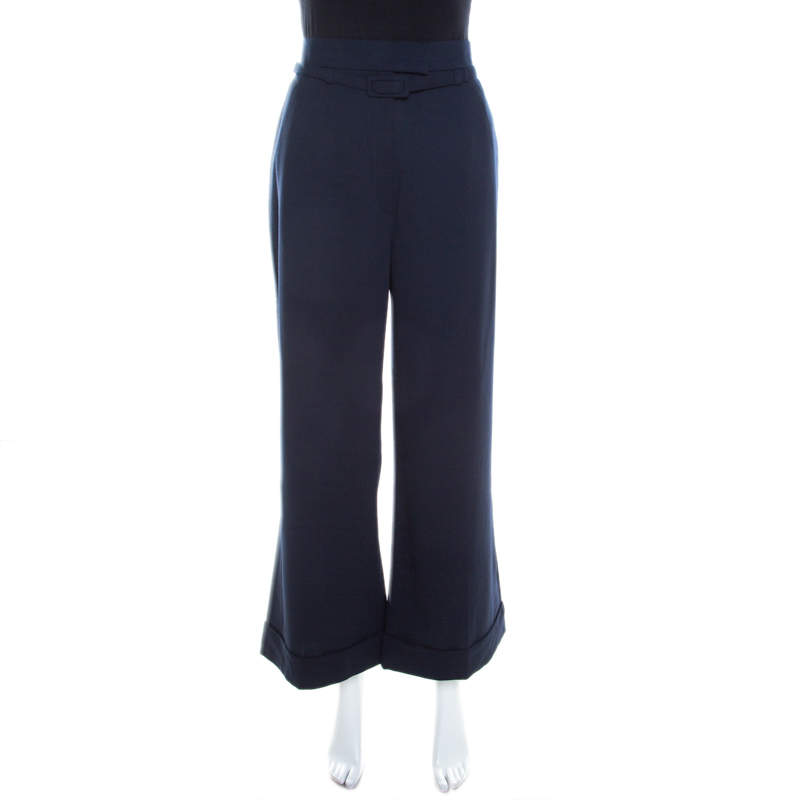 Pre Owned Escada Navy Blue Stretch Wool Crepe Belted High Waist Wide Leg Pants L