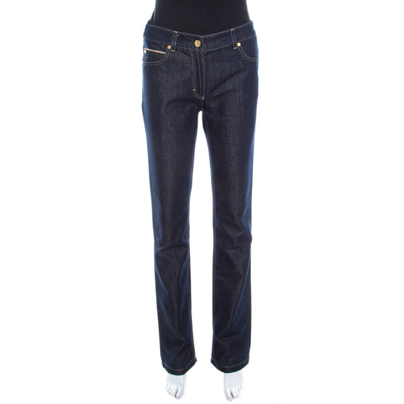 Pre Owned Escada Navy Blue Glitter Denim High Rise Straight Leg Jeans S