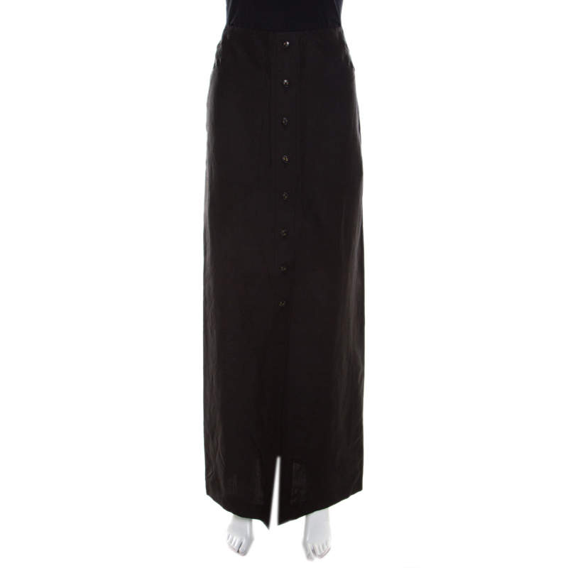 Escada Black Linen Silk Button Front Maxi Skirt M