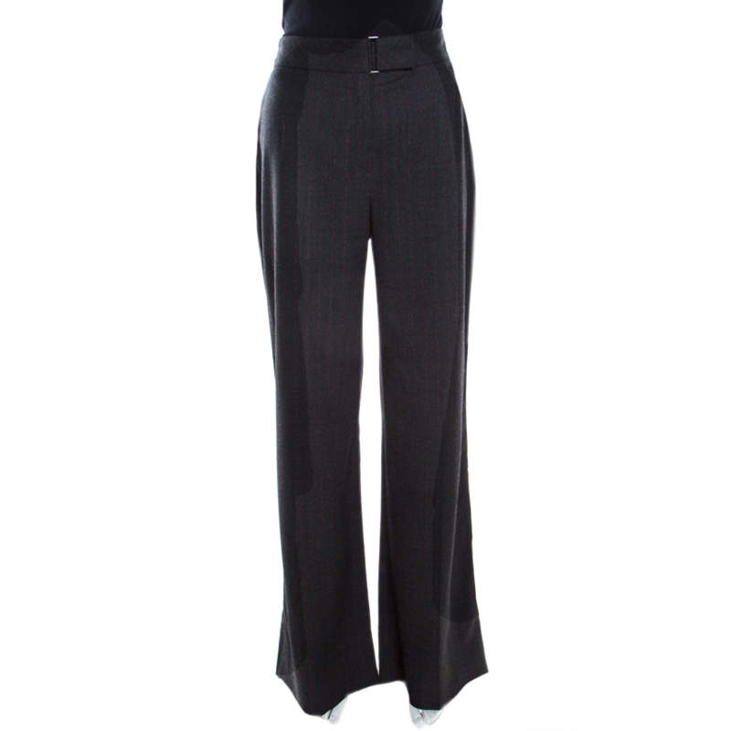 Escada Grey Contrast Broken Striped Stretch Wool High Waist Trousers M