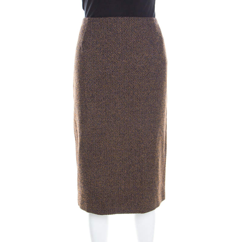 Pre Owned Escada Bicolora Wool and Alpaca Blend Textured Pencil Skirt L