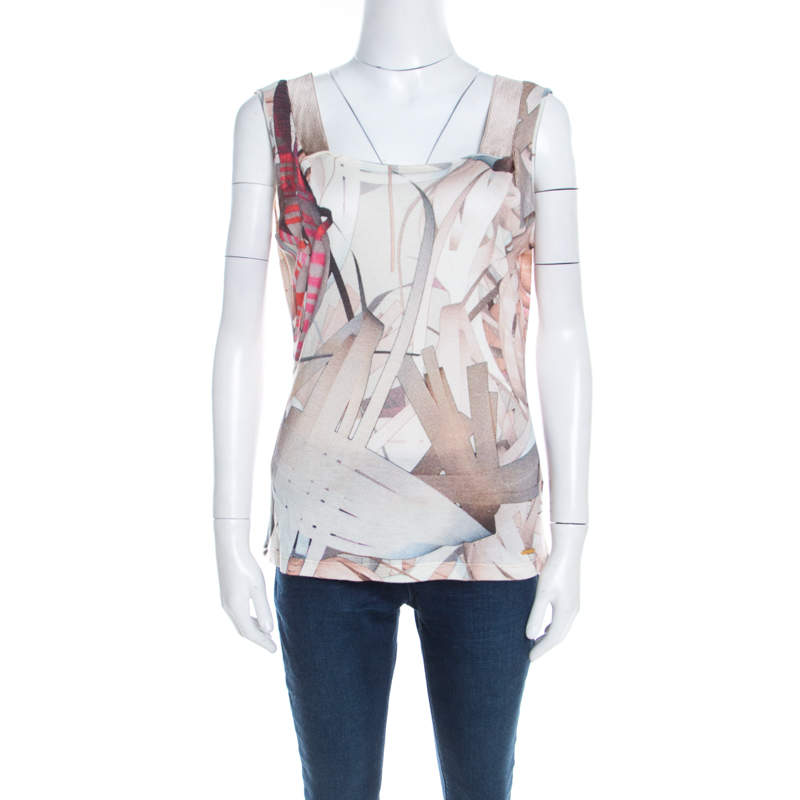 Escada Feather Brown Abstract Print Knit Sleeveless Socorro Blouse M