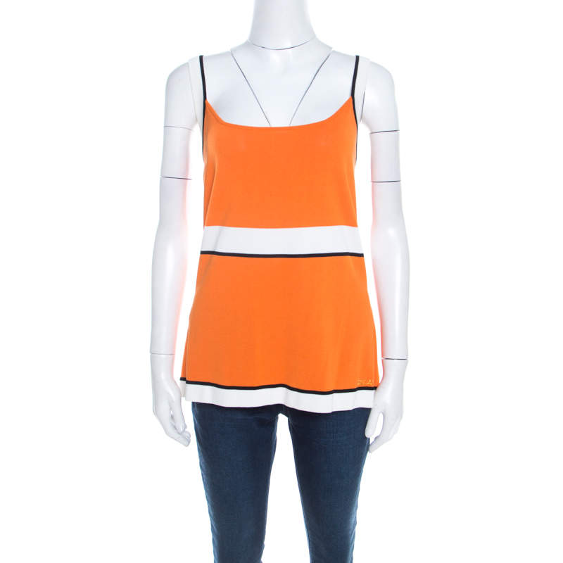 Pre Owned Escada Orange Striped Rib Knit Sleeveless Top XL