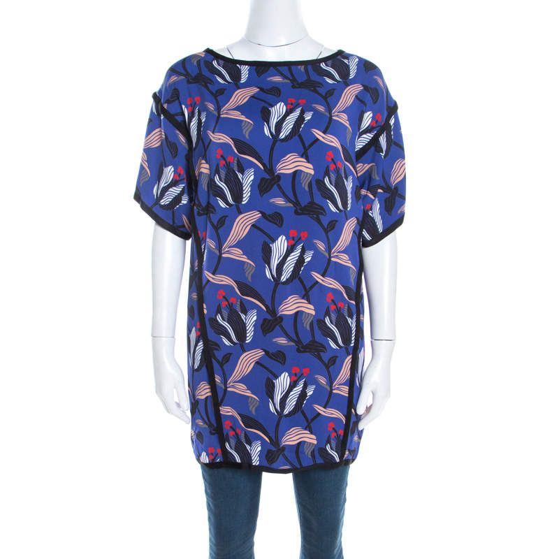 Escada Ink Blue Floral Print Silk Blend Naternia Tunic Top M