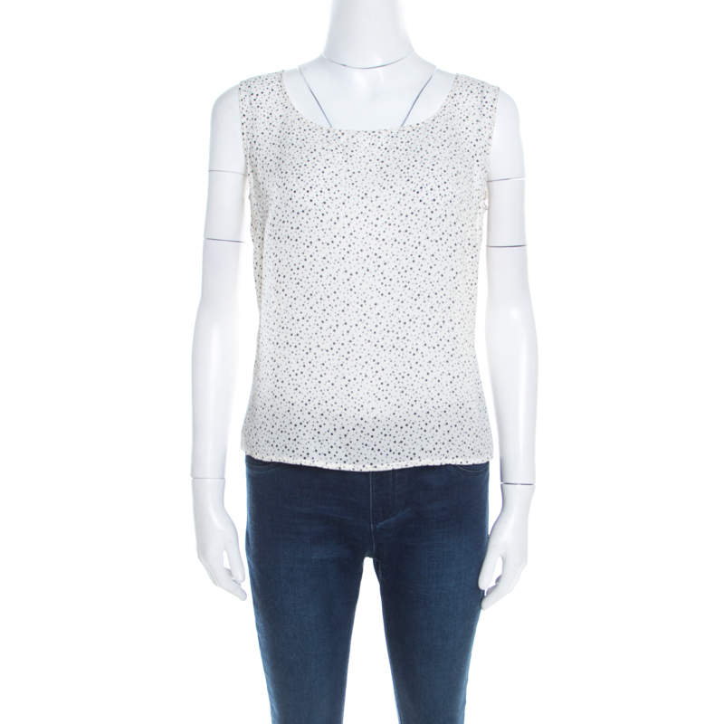 Escada Off White and Black Polka Dotted Silk Sleeveless Top M