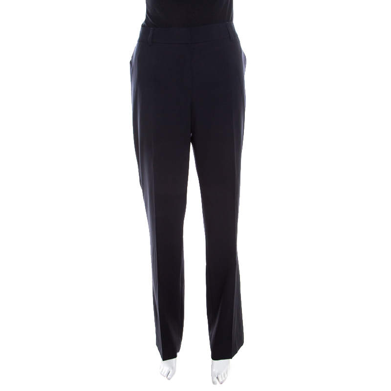 Pre Owned Escada Navy Blue Wool Straight Leg Tzipora Formal Trousers M