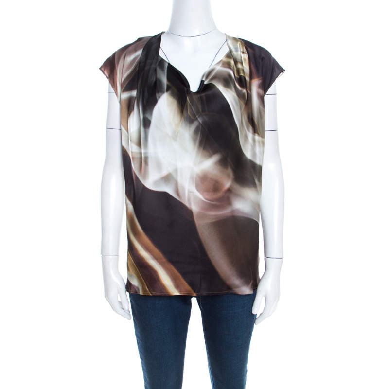 Escada Abstract Fantasy Printed Silk Satin Cowl Neck Sleeveless Top M