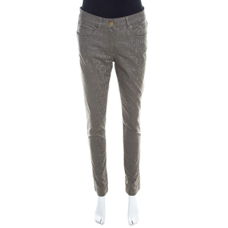 Pre Owned Escada Grey Floral Jacquard Stretch Denim Skinny Jeans M