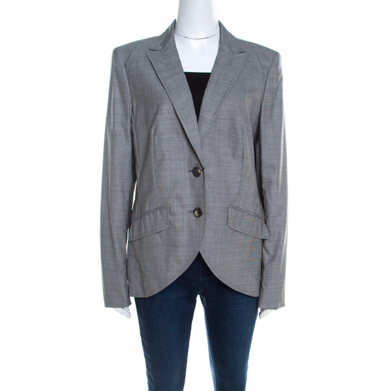 Escada Grey Houndstooth Wool Asymmetric Bibi Jacket L