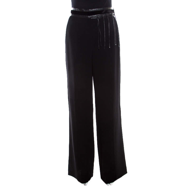 Pre Owned Escada Black Wool Crepe Faux Leather and Velvet Trim Wide Leg Pants XL