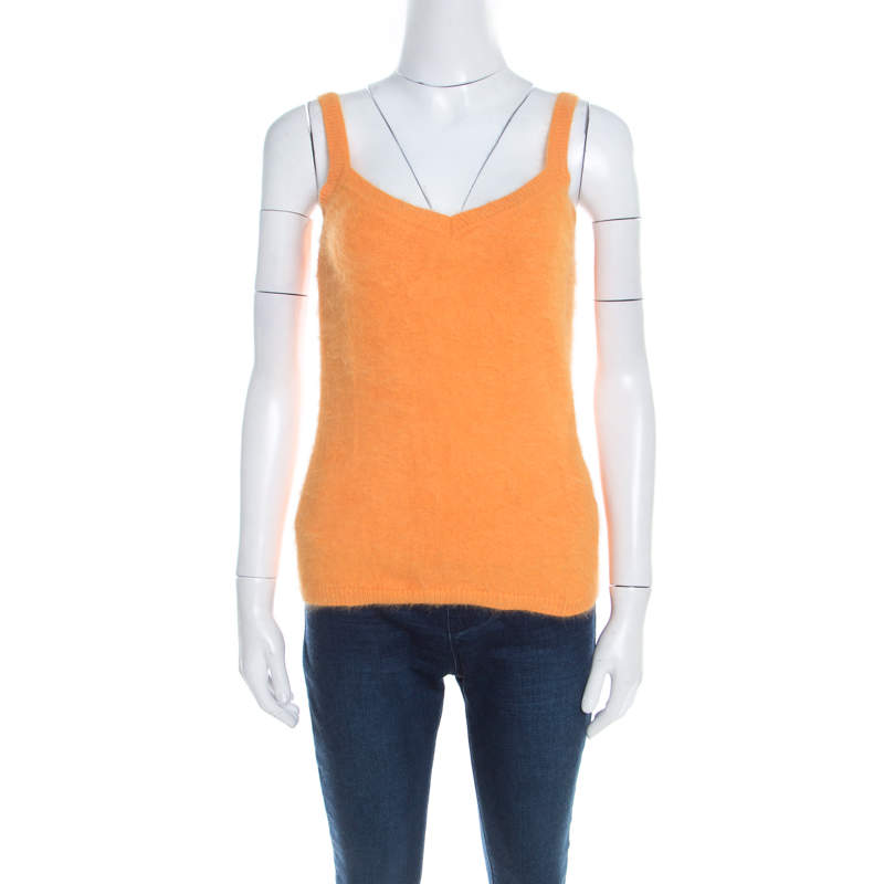 Pre Owned Escada Yellow Angora Rib Knit Silk Lined Fuzzy Tank Top L