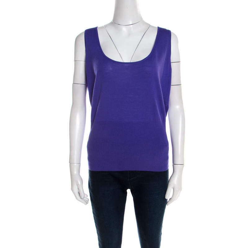 Pre Owned Escada Purple Rib Knit Wool Scoop Neck Tank Top L