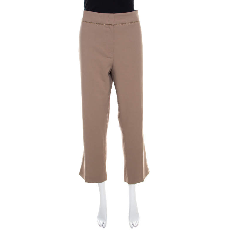 Pre Owned Escada Pampas Brown Stretch Cotton Embellished Waist Detail Cropped Tonikka Pants XL