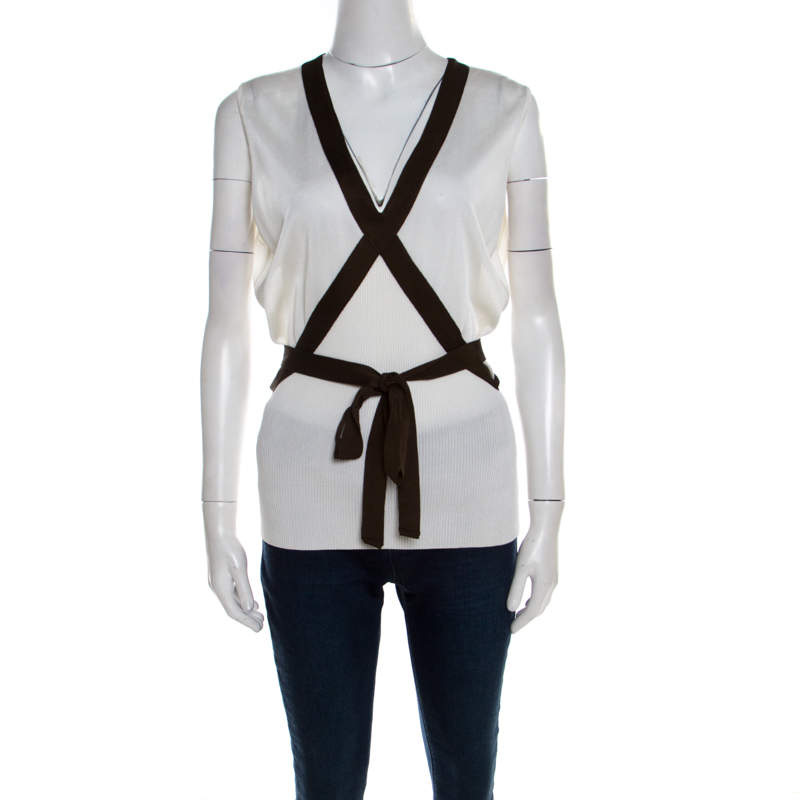 Escada Cream Knit Contrast Tie Up Trim Sleeveless Top L