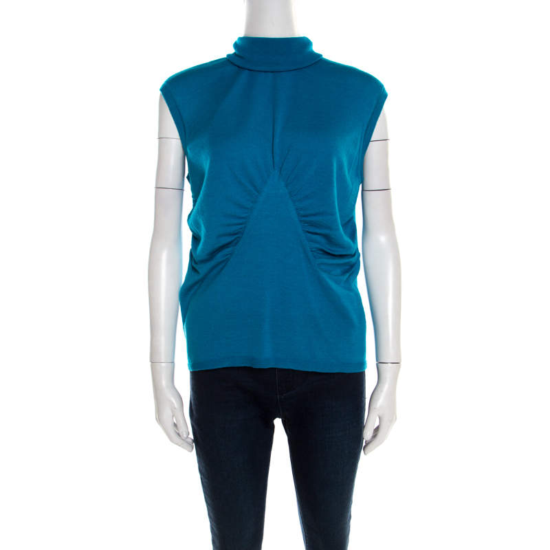 Pre Owned Escada Turquoise Blue Silk Wool Turtleneck Sleeveless Top L