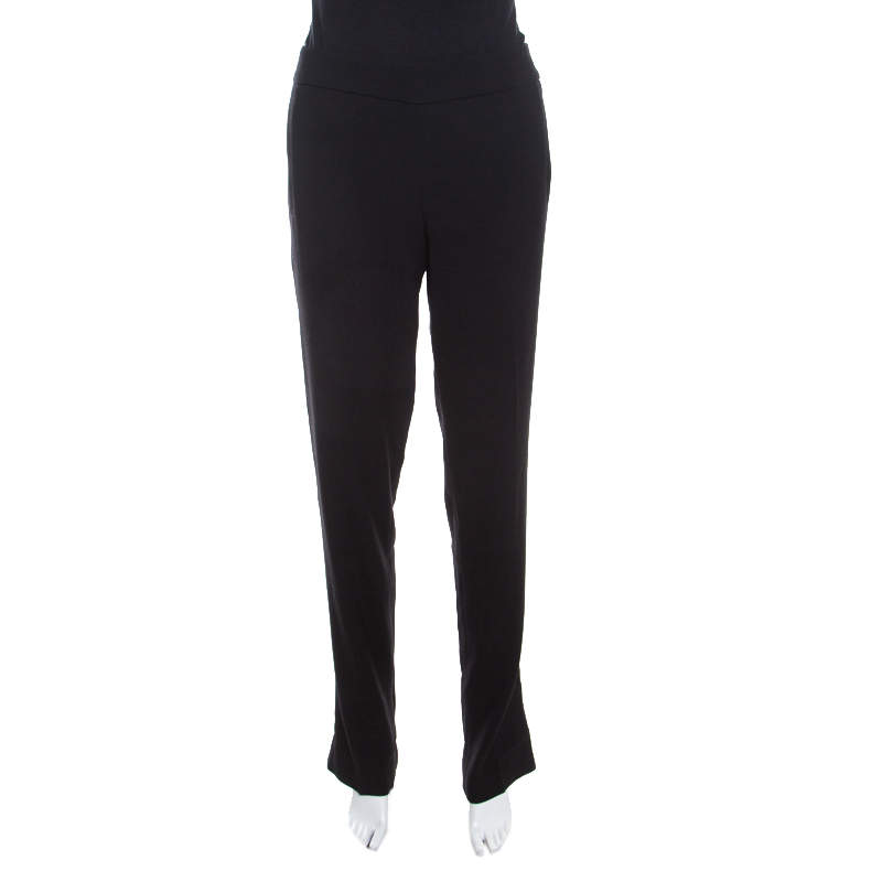 Pre Owned Escada Black Stretch Wool Crepe High Waist Straight Leg Trousers M