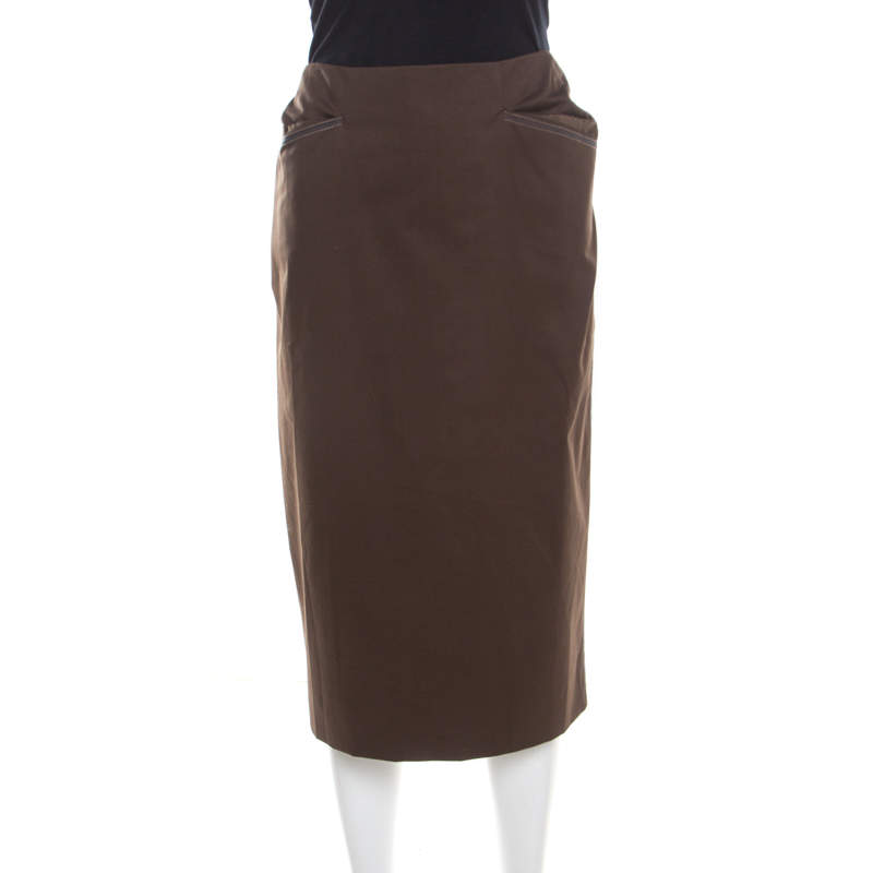 Pre Owned Escada Military Green Cotton Topstitch Detail Pencil Skirt XL