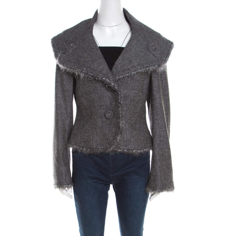 Pre Owned Escada Grey Wool Tinsel Trim Tailored Blazer M