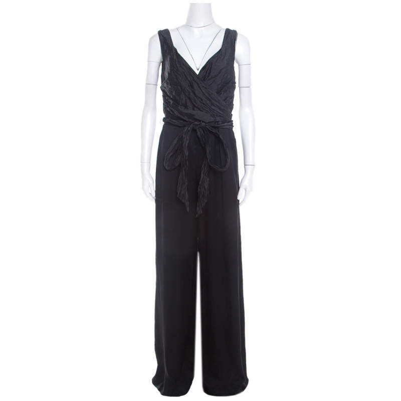 Escada Black Metallic Ruched Bodice Belted Toska Jumpsuit M