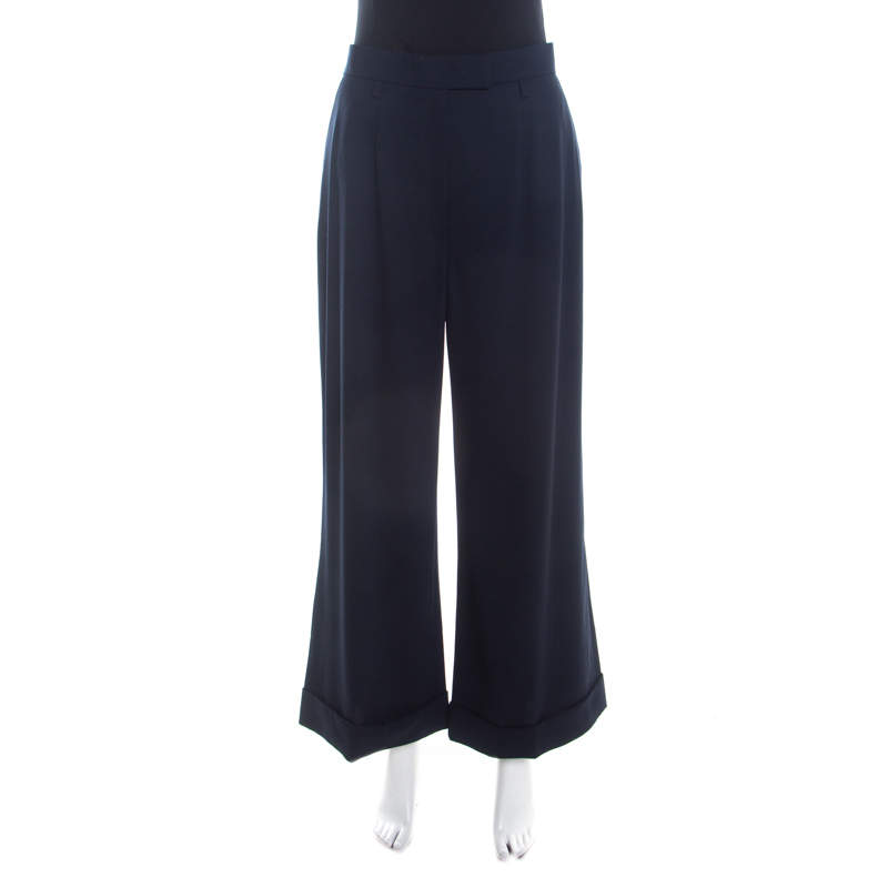 Escada Navy Blue Stretch Wool Crepe High Waist Wide Leg Trousers XL