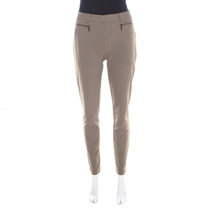 Pre Owned Escada Tobacco Brown Stretch Knit Topstitch Detail Tjersti Skinny Pants M