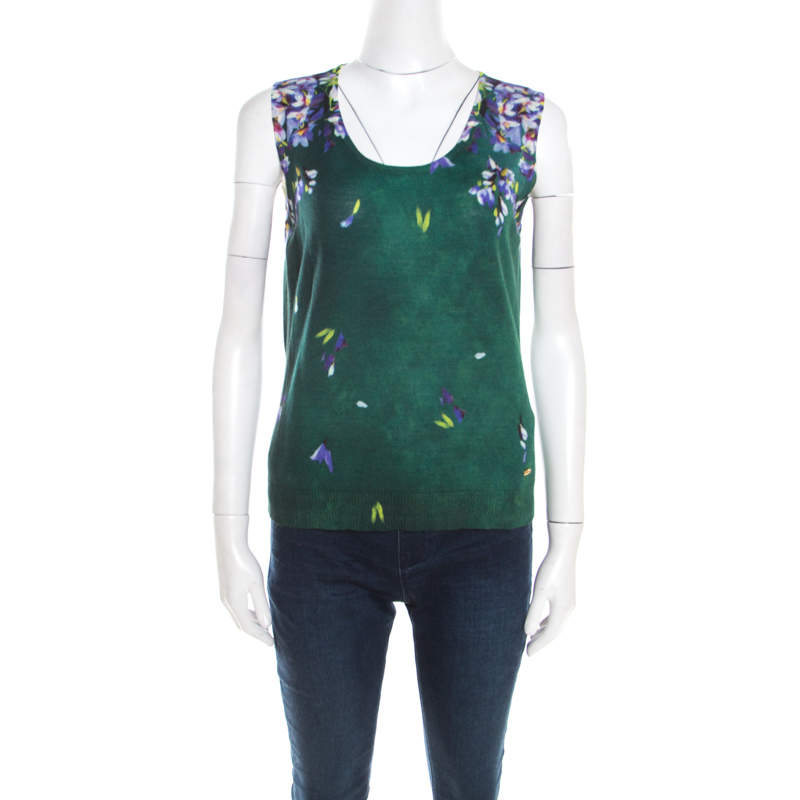 Escada Green Digital Floral Print Silk Wool Sleeveless Top M