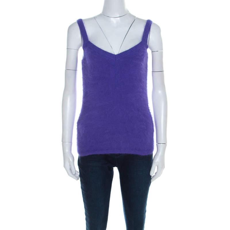Escada Purple Angora Rib Knit Silk Lined Fuzzy Tank Top L