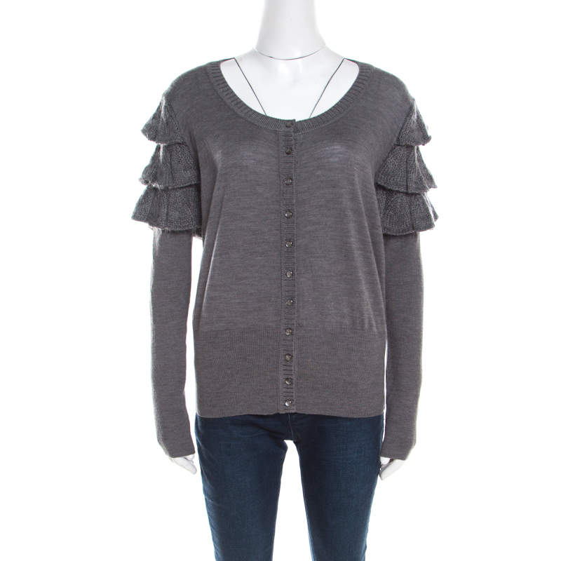 Escada Grey Wool and Mohair Ruffled Sleeve Detail Button Front Cardigan L